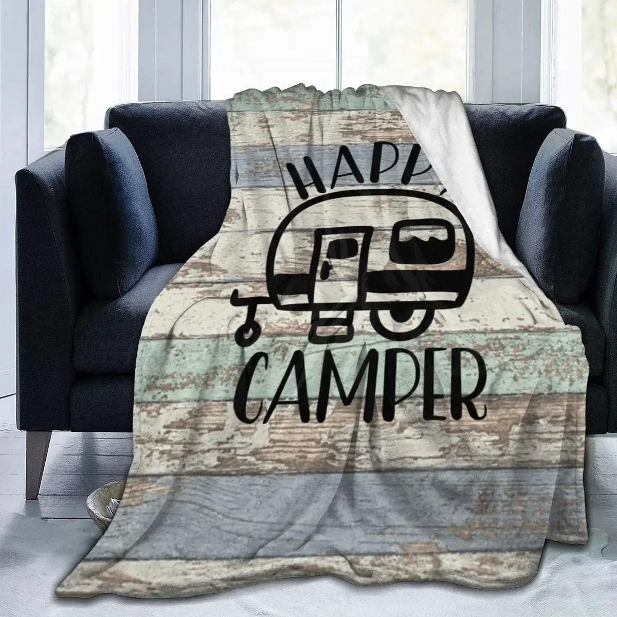 Throw Blanket Happy Camper Cozy Microfiber Bed Blanket for Adult Kids Flannel Lap Blanket for Couch Chair,Custom