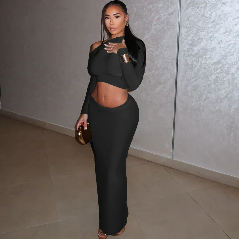 Conjuntos de vestido largo fruncido de noche de fiesta sexy para mujer, conjunto de dos piezas, trajes de Club Rave, Top corto con cuello oblicuo + falda larga, conjuntos a juego