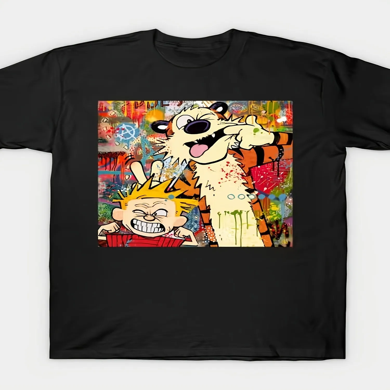Men's Hobbes Art Pattern T-Shirt Black Retro Comic Striped Esin with and Hobbes Imae, Briht Colors, Short Sleeve Round Neck Casual Adult Top, Geometric Pattern, Reular Fit, Fashion, Weekend Outfi Funny Shirt, Cute Tee,
