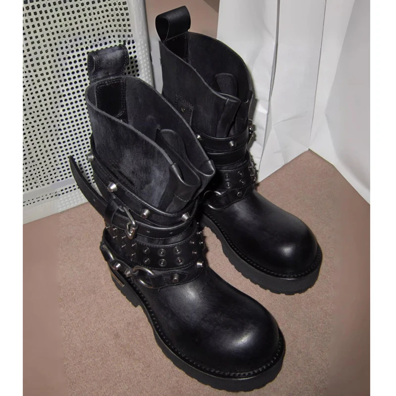 

Men's Gothic Punk Round Toe Platform Boots 2026 Biker Boots Rivets Straps Chunky Heel Mid-Calf Combat Boots for Moto Streetwear