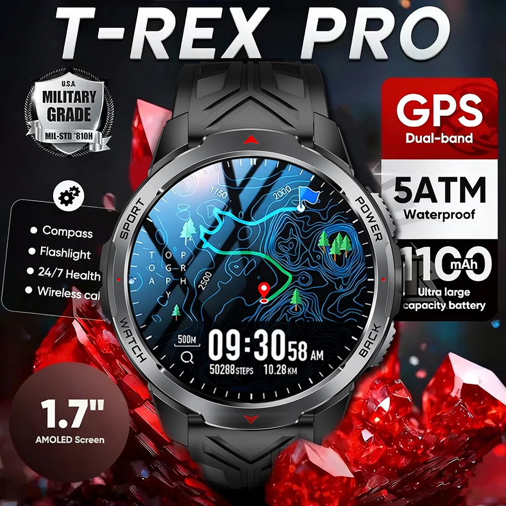 

2026 New T-Rex3 Pro 1100mAh Battery Smart Watch GPS path 5ATM Waterproof Sports Run tracker Outdoors Compass Military Smartwatch