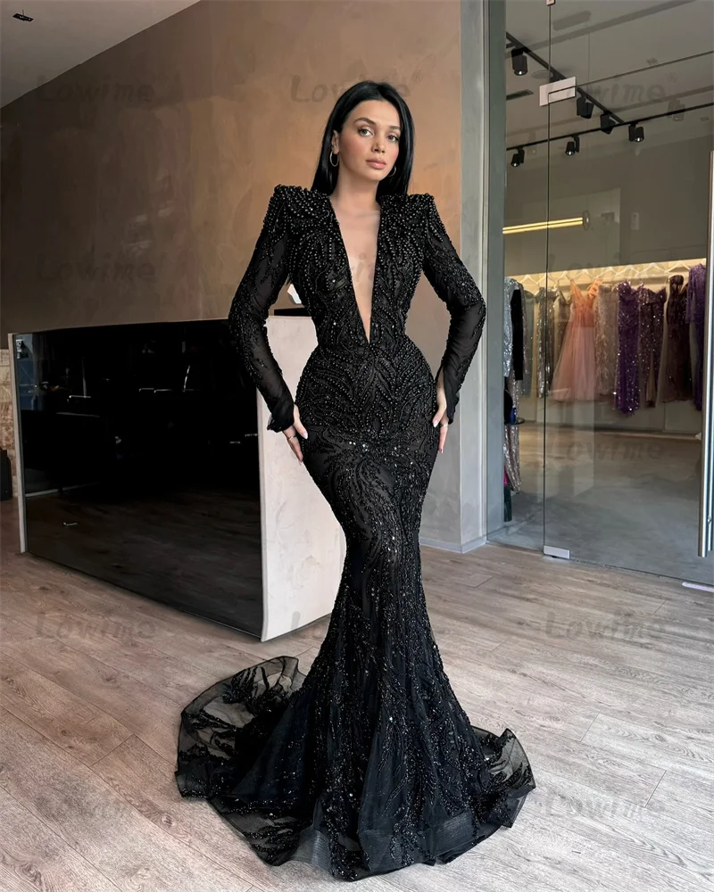 Deep V Neck Prom Dresses Mermaid Long Sleeves Beaded Black Evening Gowns 2024 Customized Birthday Party Engagement Dress Robes