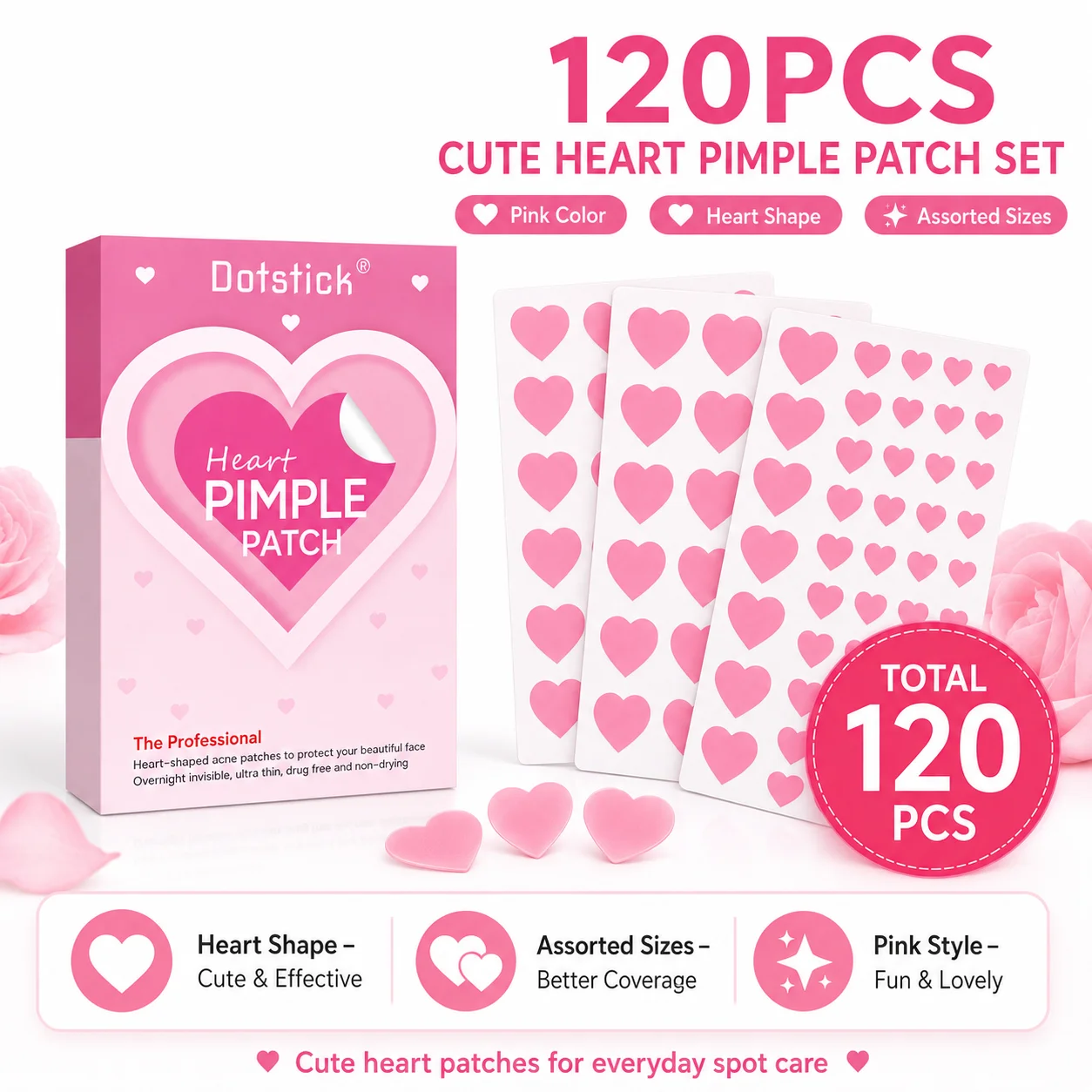 120PCS Pink Heart Pimple Patches Hydrocolloid Acne Spot Stickers Cute Face Blemish Cover Day Night Care