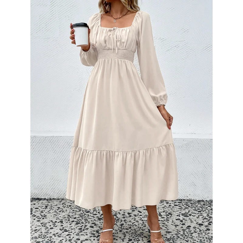 YQ1-المرأة الخريف الشتاء جديد الخصر مقصوص تنحنح كبير كم طويل ساحة الرقبة أنيقة ركاب فستان طويل