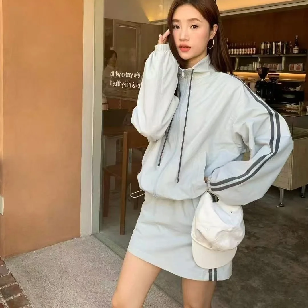 

Fashionable Casual Drawstring Stand Collar Short Jacket And Skirt Set Women's Summer 2026 Korean Style High Waist Stripe Pattern