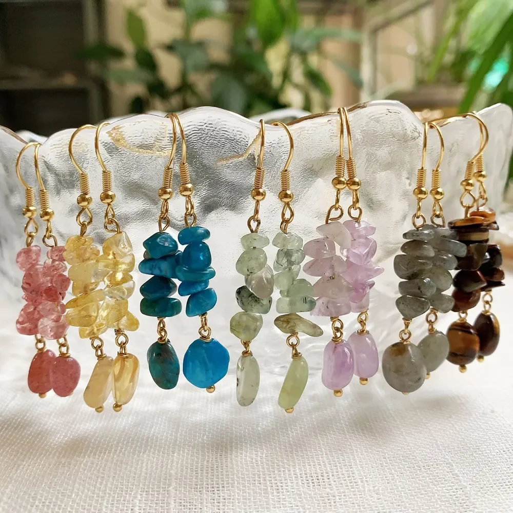 Irregular minério rocha natural cristal brinco chip pedra longa borla pêndulo citrinos lapis fluorite roxo cristal gota brinco