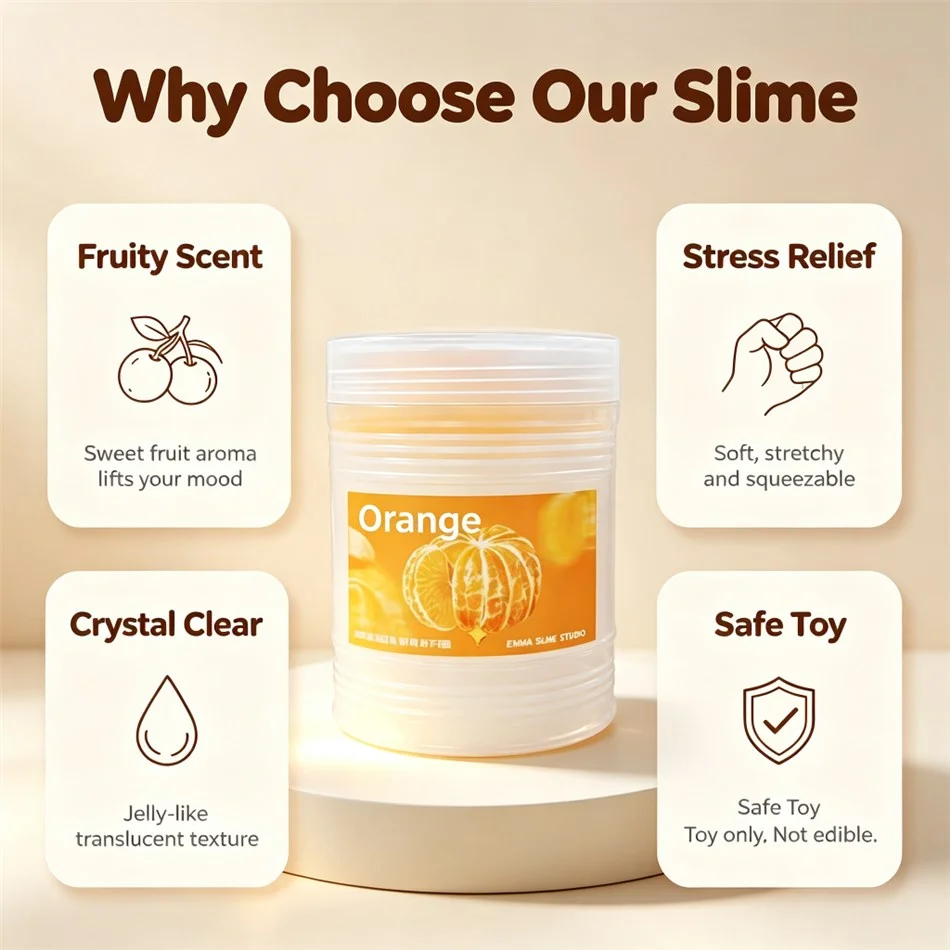 Fruit Themed Clear Crystal Slime Soft Stretchy Jelly Squishy ASMR Fidget Toy Stress Relief Squeeze Sludge for Adults Party Gift