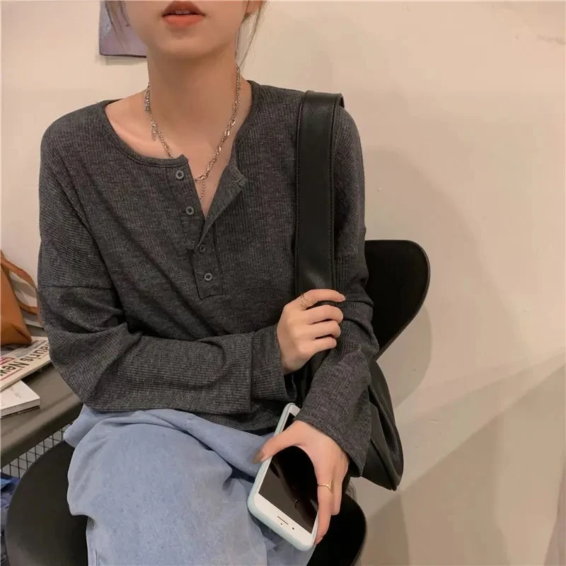 

Long Sleeve T-shirts Women Elegant Simple Pure Button Design Retro Ins Autumn Ladies Tees Top All-match BF Style Mujer Clothes