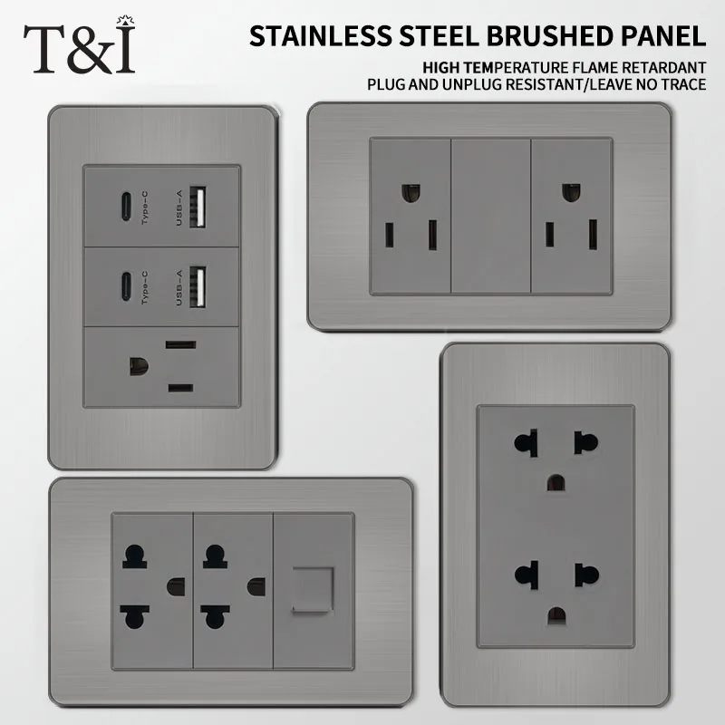 

T&I 118 Premium Stainless Steel Brushed Wall Socket with USB Type - C, US Switch, Thai Plug for Home & Office Use