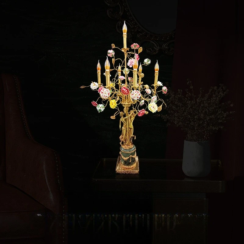 Rural all copper desk lamp, ceramic petal European style living room, bedroom, children's princess room, foyer lighting fixture