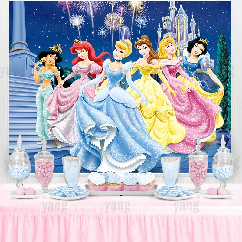 Disney Princess Wedding Castle Cinderella Snow  White Aladdin Fireworks Backdrop Girls Birthday Party Baby Shower Banner