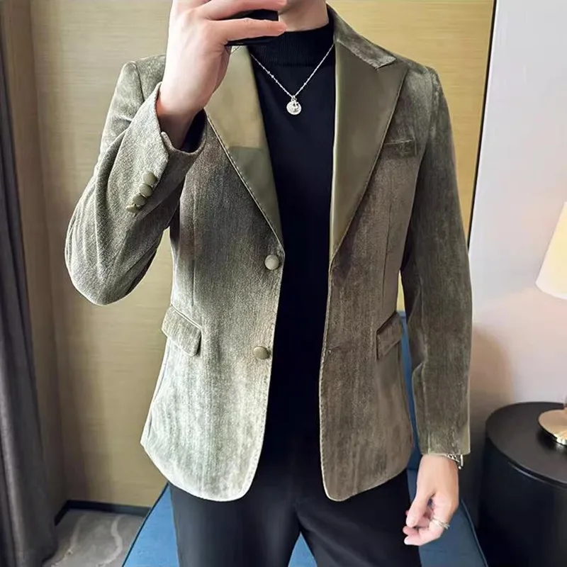 Leather Splicing Chenille Suit Jackets 2025 Autumn Winter New Men Business Casual Slim Fit Coats Formal Wedding Party Tailcoat