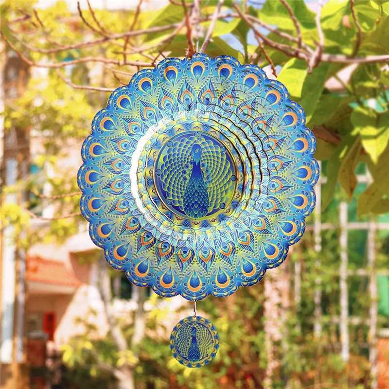

F-3C 3D Wind Spinner Peafowl 12Inch Garden Laser Cut Hanging Wind Spinners Metal Kinetic Yard Art Deco Indoor/Outdoor Decor Dura