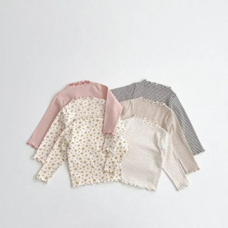 2024 Spring Autumn Baby Wood Ear Edge Long Sleeve T-shirt Girls Cotton Ski Suit Girl Underlay Casual Versatile Top Kids Clothes