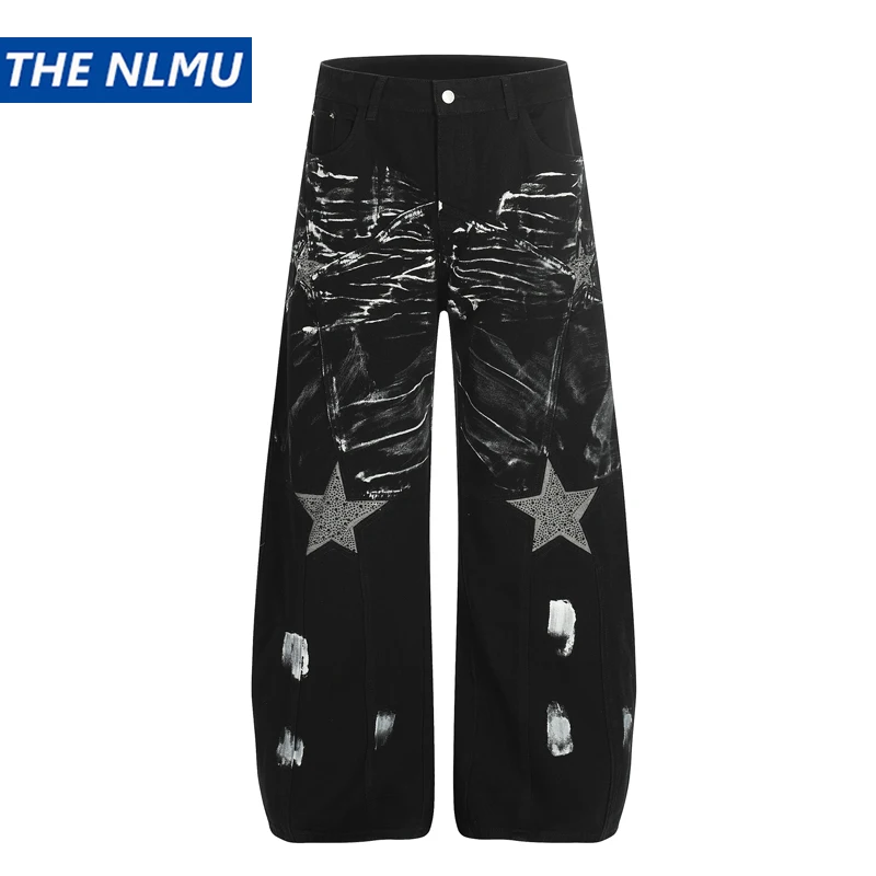

Black Retro Graffiti Rhinestone Jeans for Men Loose Straight Fit Denim Pants Unisex Fashion Streetwear