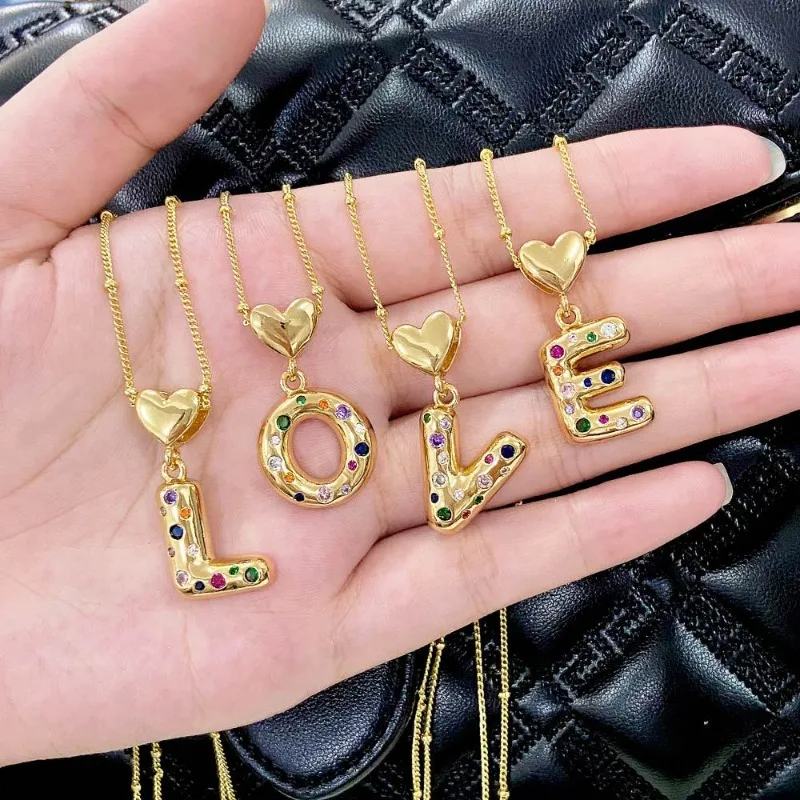 New Colorful 26 Letters Heart Zircon Inlay Gold-plate Alloy Metal Geometric Clavicular Chain Simple Niche Punk Necklace Lady