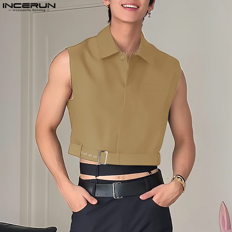 INCERUN Мужская рубашка, однотонная, без рукавов, на пуговицах, повседневные укороченные топы, мужская уличная одежда, 2021, модная мужская одежда в корейском стиле