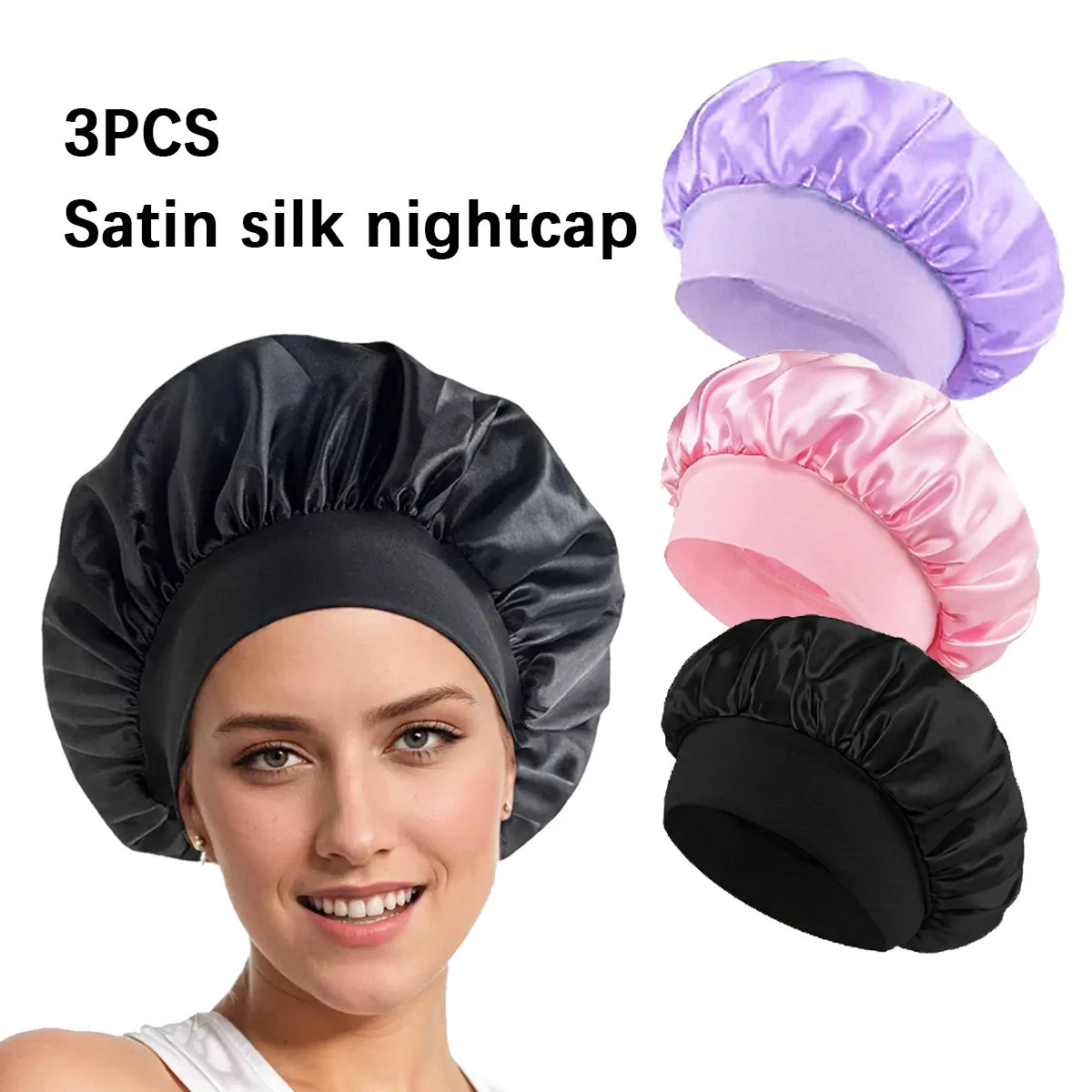 3개입 새틴 와이드 브림 나이트캡, 신축성 있는 부드러운 밴드가 있는 나이트캡, 데일리 홈 캐주얼 나이트캡, 실제 모발 가발 전용