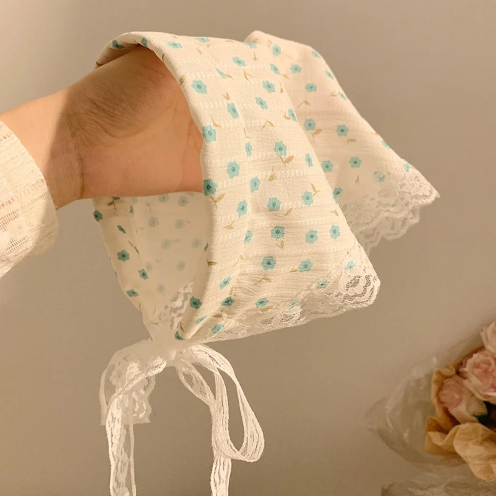 

Vintage Sweet Floral Cotton Head Scarf Elegant Ribbon Lace Triangle Scarf Headband Turban Printing Hair Scarf Spring