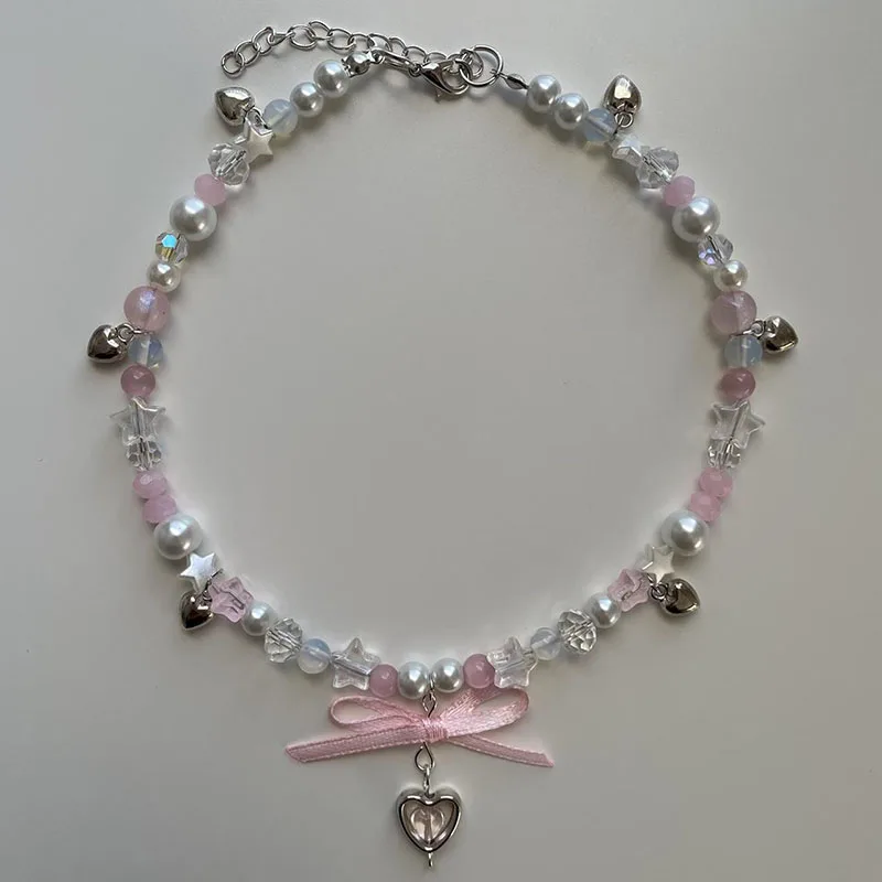 star beads Beaded necklace pink ribbon bow heart handmade charm jewellery women