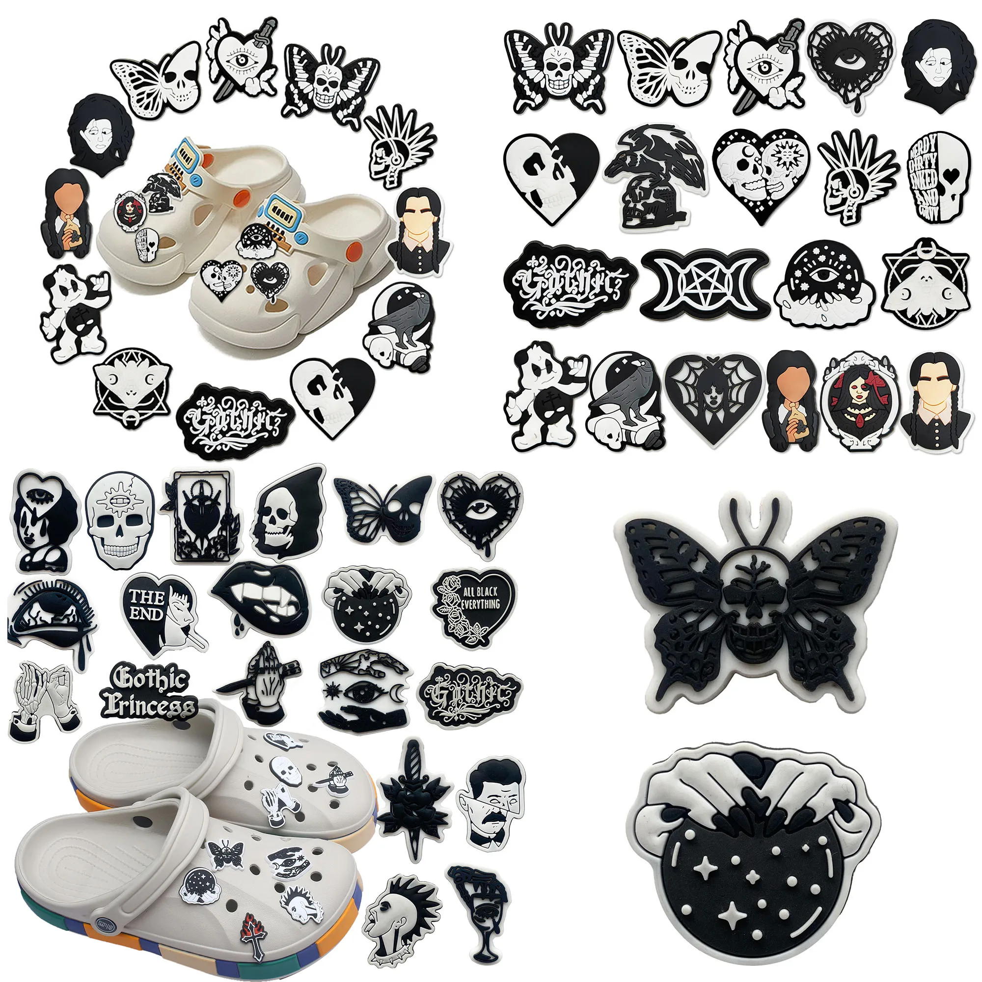 20-100pcs Black and White Gothic Series Shoe Charms For Sandals,Shoe Decoration Accessories Shoe Pins Great Gift For Men Women