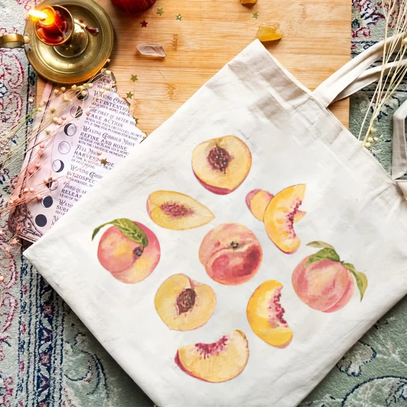 1pcs Kawaii Peaches Pattern Tote Bag Carrier Bag Canvas Shoulder Bag Shopper Bag Perfect For Outdoors Travel Gift