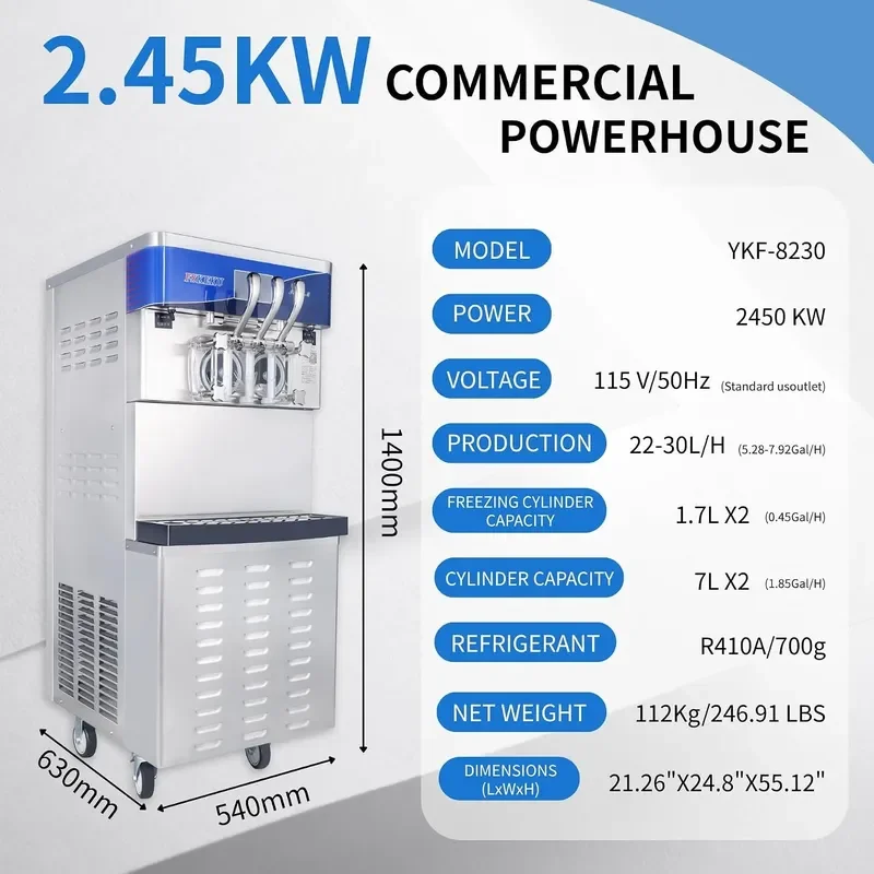 Commercial 3-Flavor Soft Serve Machine 2450W 22-30L/H 115V