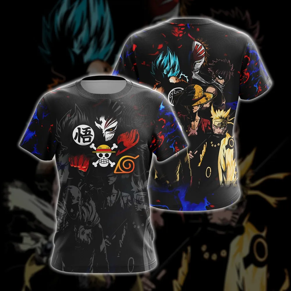 Anime Warrior Heroes Collage T-shirt Men Women Dark Background Comic Art 3D Full Print Streetwear Short Sleeve Top