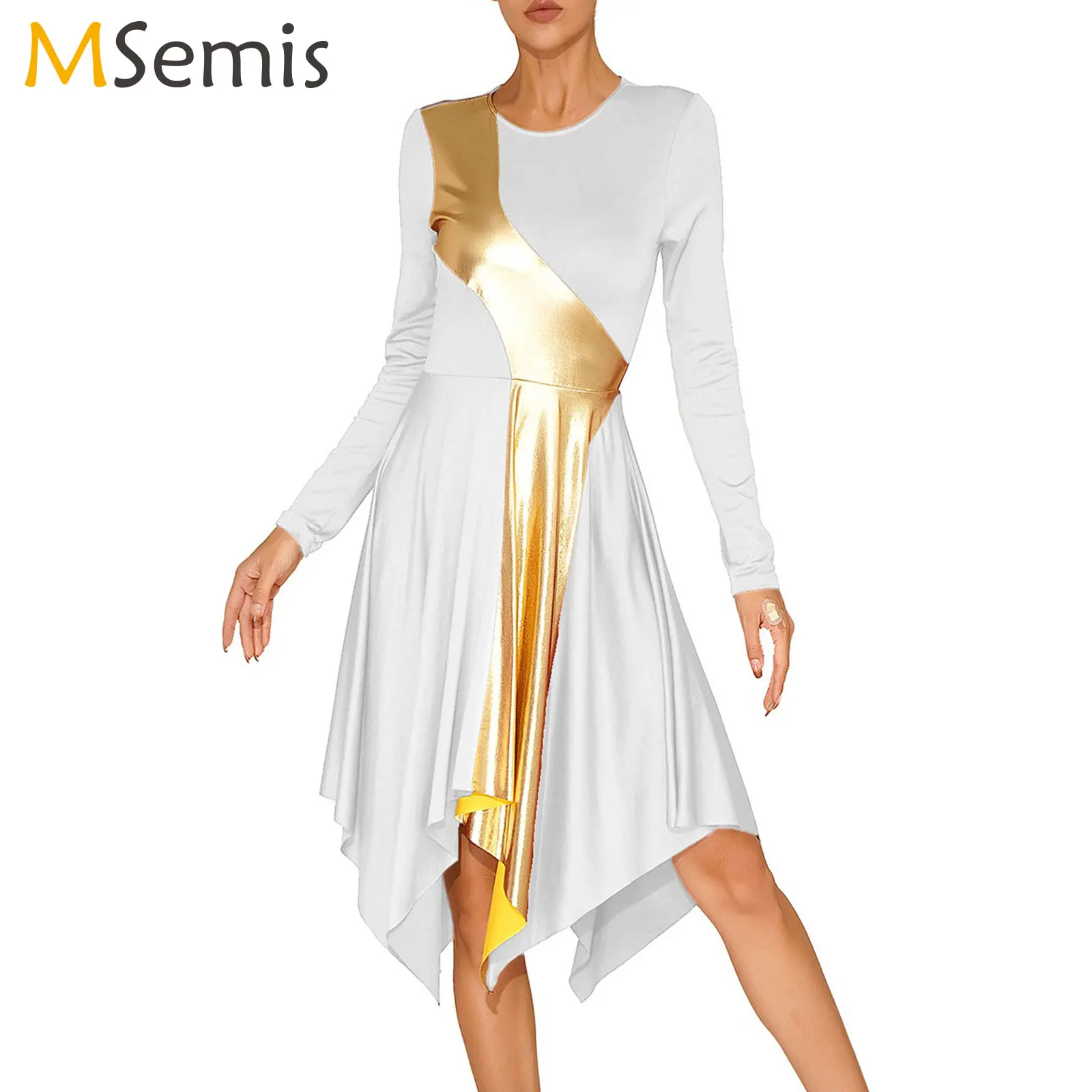 Womens Ballet Modern Lyrical Dance Costume Praise Liturgical Worship Dress Long Sleeve Irregular Hem Dress Dancewear Performance