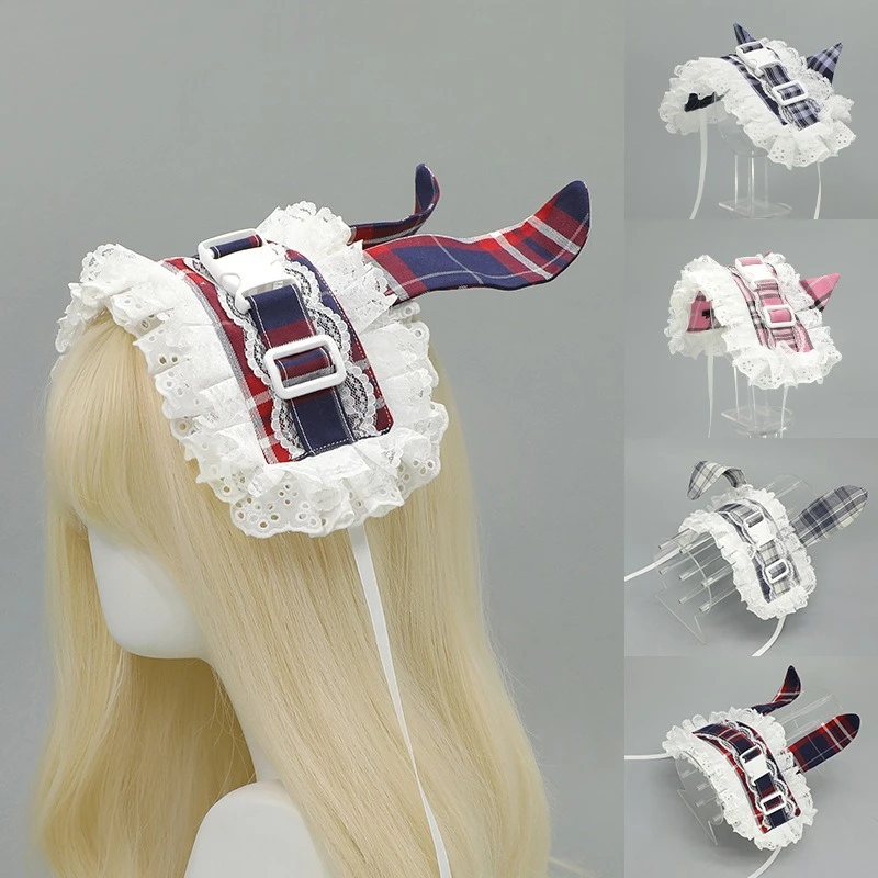 

1Pcs Subculture Retro Plaid Buckle Headband Ancient Pastoral Lolita Lace Japanese Cat Ear Hearing Atmosphere Cute