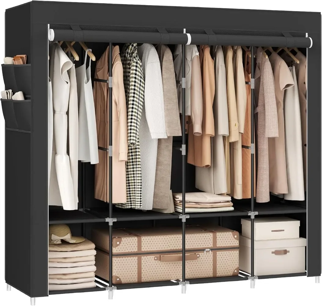 

Portable Closet, Wardrobe Closet Organizer with Cover, 4 Hanging Rods and Shelves, 4 Side Pockets, Large Capacity for Bedroom