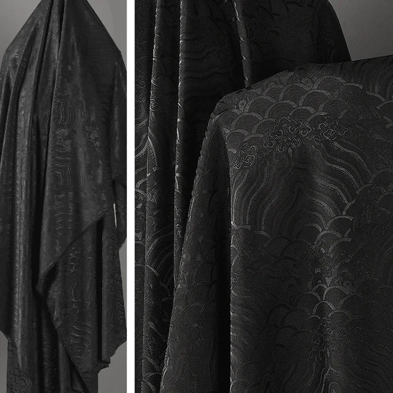 

Black Wave Pattern Jacquard Imitation Acetic Acid Fabric New Chinese Qipao Long Sleeved Smooth Texture Soft Pants Fabric