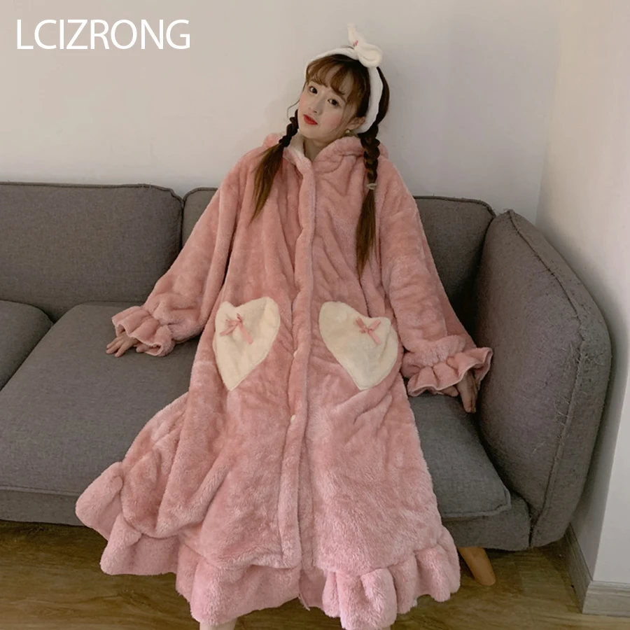 Winter Fashion Warm Comfortable Midi Robe Women Sweet Girl Cute Big Rabbit Ear Loose Bathrobe Long Sleeve Dressing Gown Female