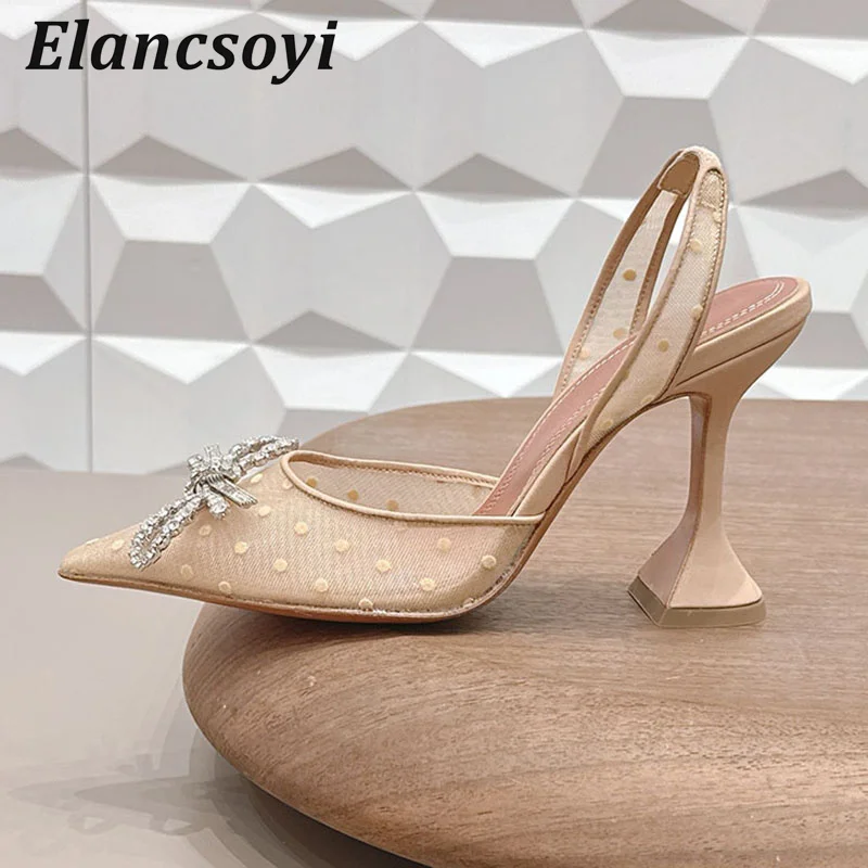 High Heels Sandals Women Pumps Mesh Rhinestone Bow-knot Pointed Toe Cup Heels Sandalias Summer Fashion Party Banquet Shoes