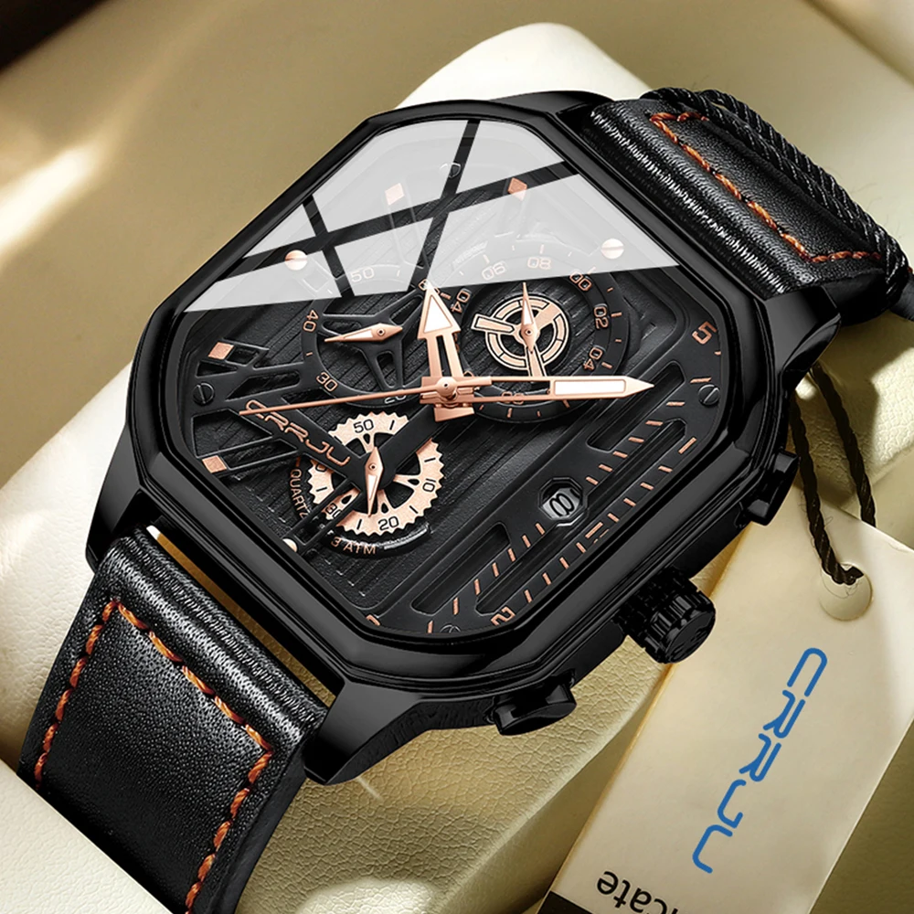 CRRJU Men Watch Square Quartz Chronograph Luminous Dial Leather Casual Sport Wristwatch Relogio Masculino