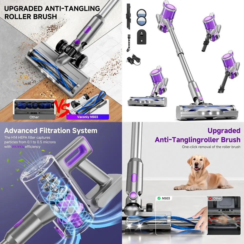 

Powerful 38Kpa Cordless Stick Vacuum Cleaner with 45-Minute Battery, LED Brush, 8-in-1 for Home, Pet Hair, Carpets, Floors - Pur