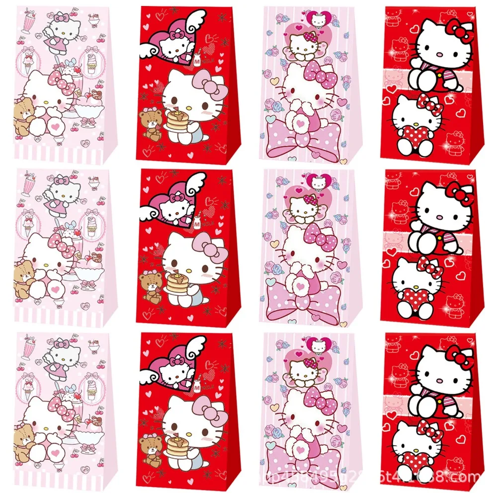 12pcs Hello Kitty Themed Gift Bag Birthday Party Decorative Paper Bags Cute Candy Bag Kawaii Eco-friendly Paper Bag Girl Gift