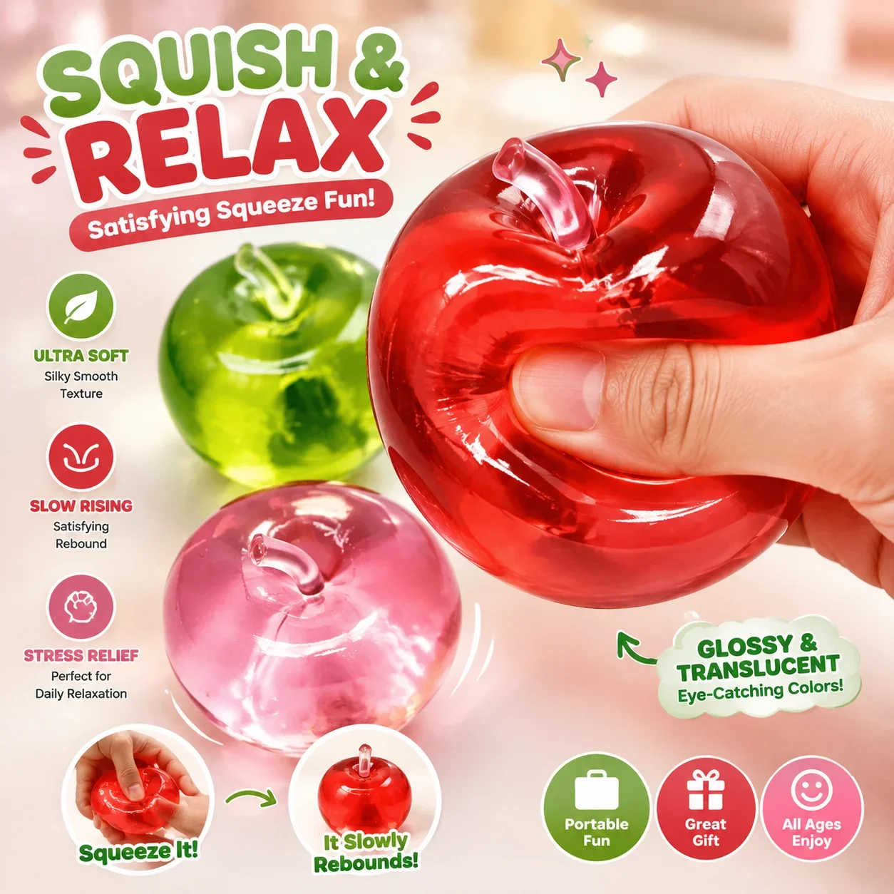 Slow Rising Cute Maltose Apple Squishy Toy Translucent Jelly Coconut Oil Stress Relief Decompression Gadget High Quality