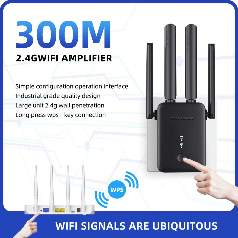 Repetidor sem fio preto interior, amplificador de sinal, extensor de antena 4 para casa, PIX-LINK WR42Q QCA9535, 300Mbps