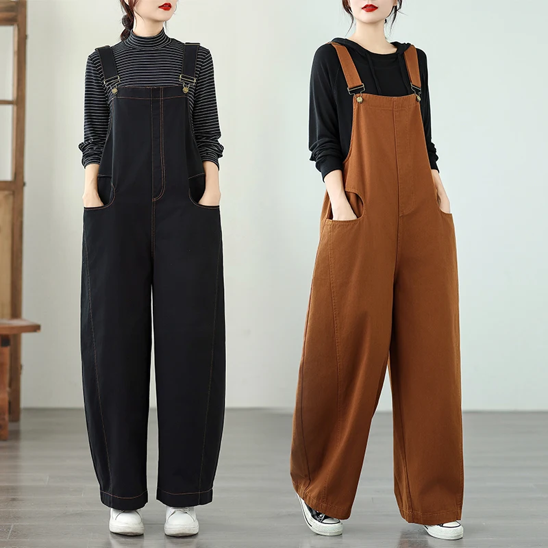 

Ретро джинсовый комбинезон женский, весенне-осенний, больших размеров, свободный, прямой крой, широкие штанины, повседневный, хлопковый