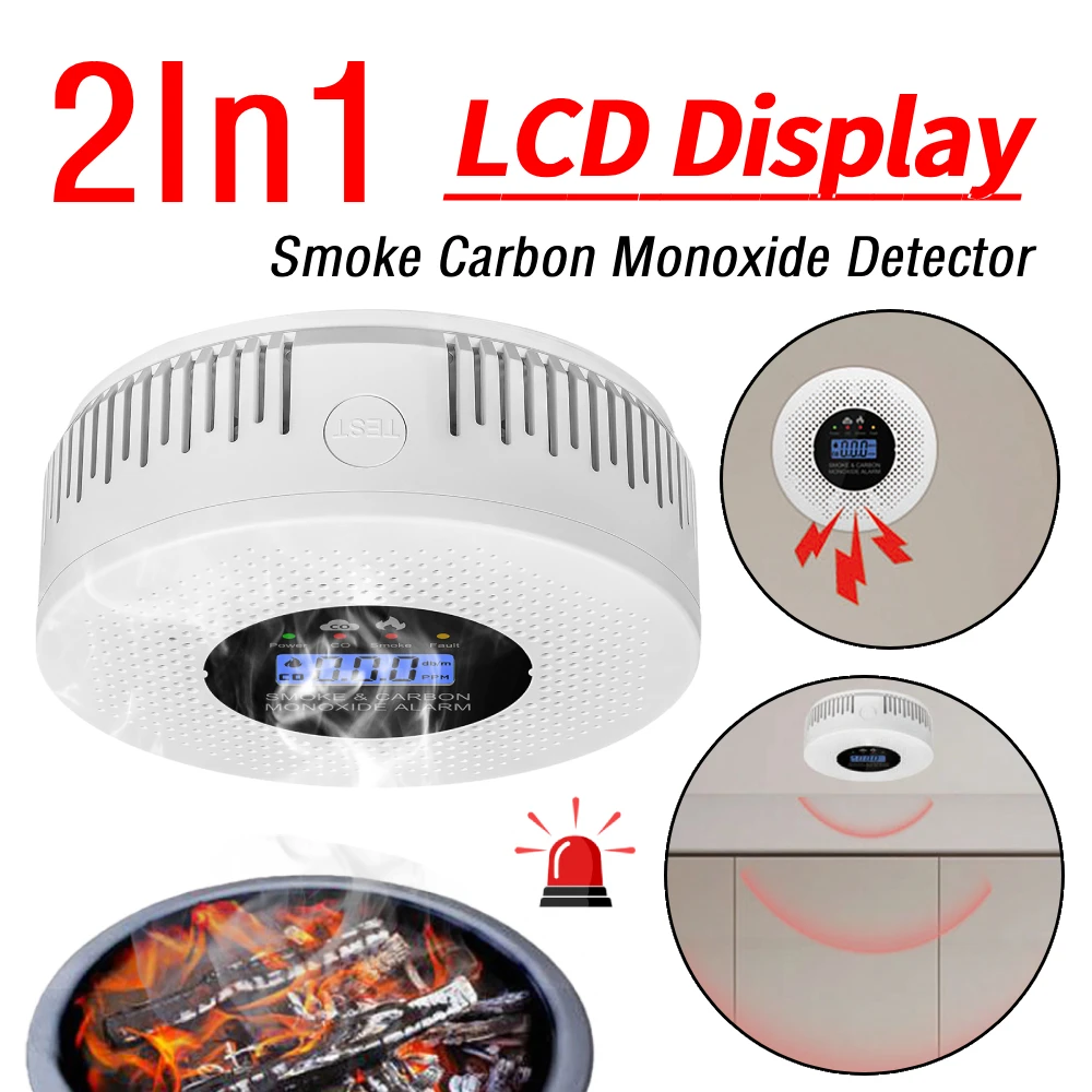 

Пожарная сигнализация 2 в 1, детектор дыма с ЖК-дисплеем, сигнализация угарного газа с питанием от батареи для дома, квартиры, автофургона, кухни