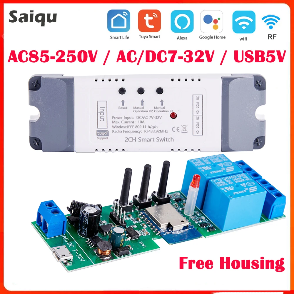 2Channel Tuya Smart Life Remote Control Wireless Wifi Switch Module DC7-32V AC85-250V Relay Module Work With Alexa Google Home 16 way 8 way wireless remote switch 4g mobile phone remote control 220v380v relay power intelligent module