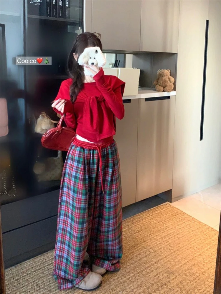 

Christmas Theme Women's Slim Fit Long Sleeve T-Shirt Red Shawl Spring Atmosphere Set Plaid Wide Leg Pants Three Piece Set
