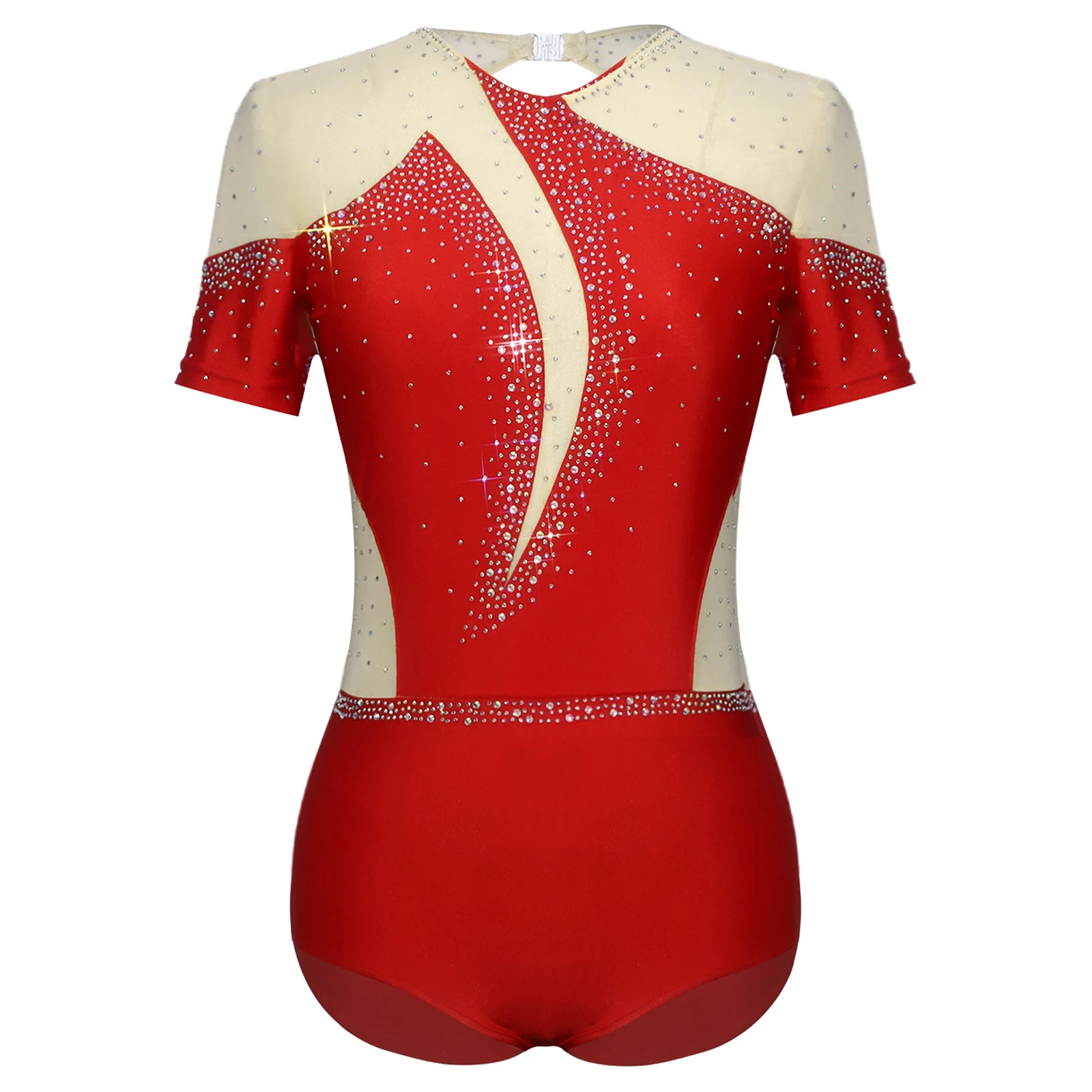 النساء الشكل التزلج ملابس رقص الجمباز بذلة الراين بقماش شفاف المرقعة قصيرة الأكمام الجمباز الباليه ارتداءها Dancewear