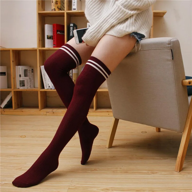 

New Spring and Autumn Overknee Long Boot Foot Sock Two Bars School Uniform Student Dance Stockings Socks Factory