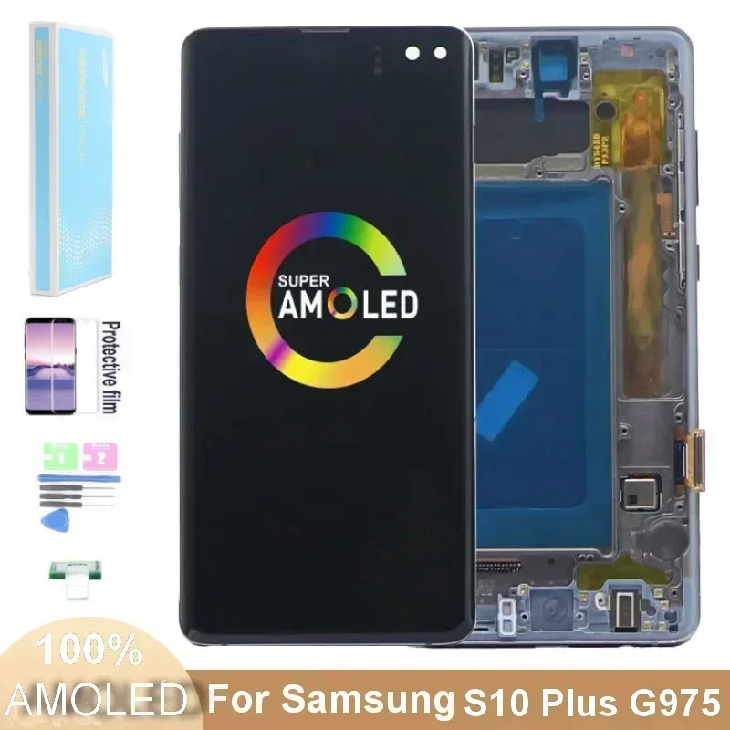 AMOLED S10 + LCD Met Frame Voor Samsung Galaxy S10 Plus Display SM-G9750 G975F SM-G975 Display Touch Screen Digitaliseren montage