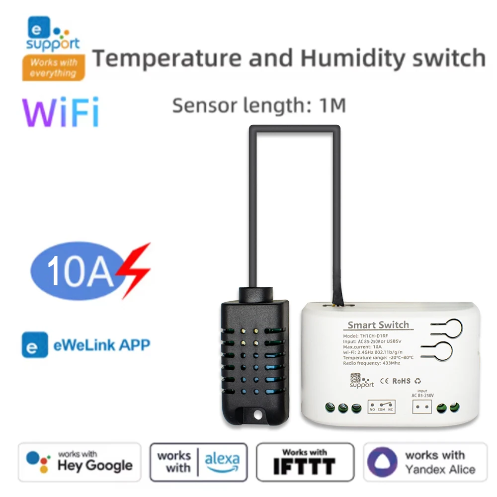 

WiFi Smart Температура Влажность Переключатель 2000 Вт Безопасность Домашняя Автоматизация Мониторинг Термостат Работает с Ewelink Alexa Google Home