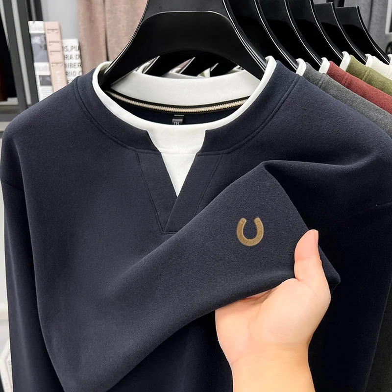 American Style Leisure Men‘s Long Sleeve T-Shirt False Two-Piece Round Neck Color Blocking Embroidery Soft Comfort Men'sClothing