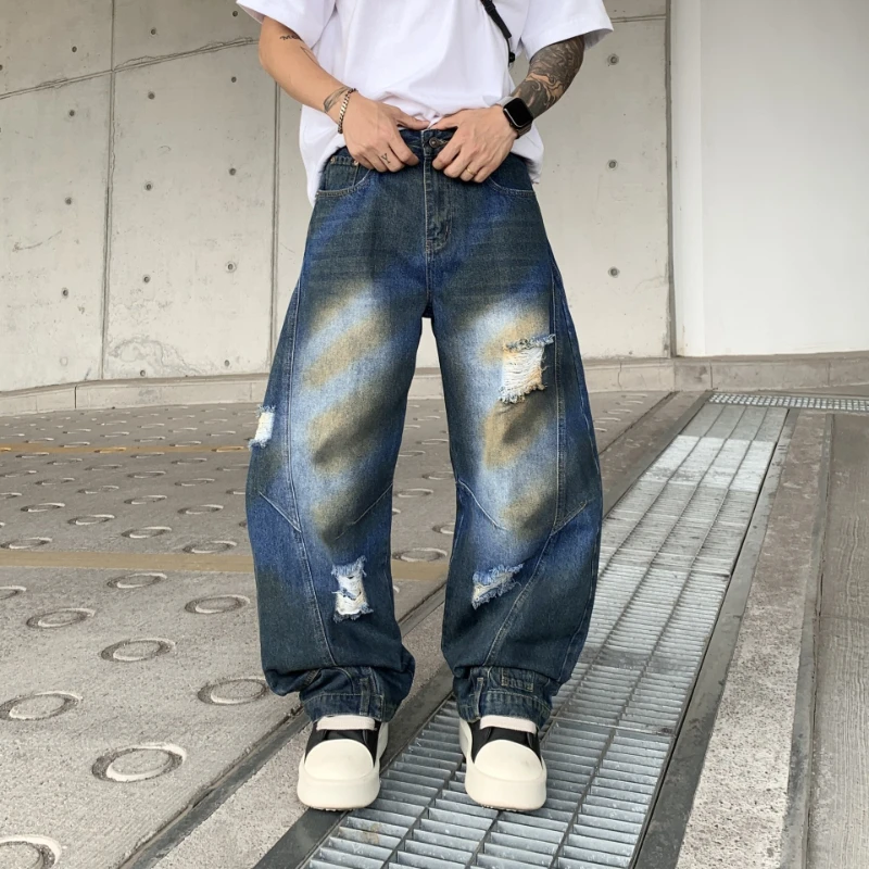 

boyfriend Denim Pant Men Jeans Hole High Waist Trousers Vintage Loose Gradient Y2k Streetwear Casual Spliced Pants 2026 Spring