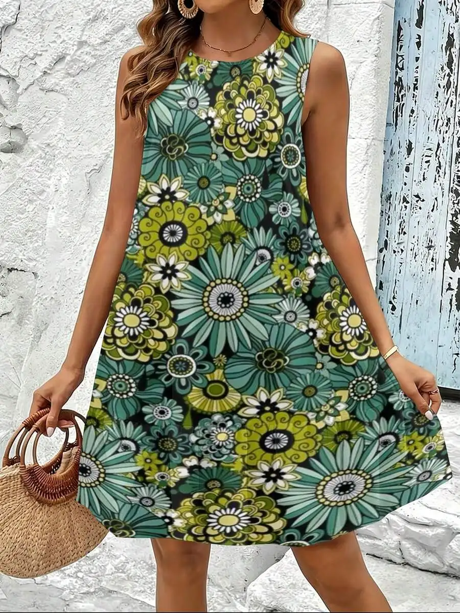 

Womens Round Neck Sleeveless Bohemian Swing Dress Green Blue Yellow Floral Print Casual A-Line Summer Dress